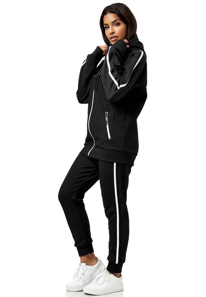 L.gonline Freizeitanzug Damen Jogginganzug Freizeitanzug Sportlich 3750 (Kapuzenjacke mit Reißverschluss, Hose, 2-tlg), mit Streifen von L.gonline