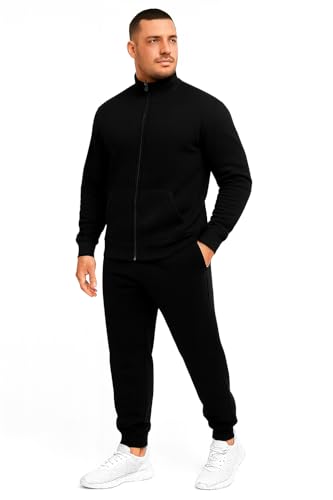 L.gonline Herren Trainingsanzug | Freizeitanzug sportlich | Ohne Kapuze | Mit Reißverschluss 500A (XL, Schwarz-Schwarz) von L.gonline