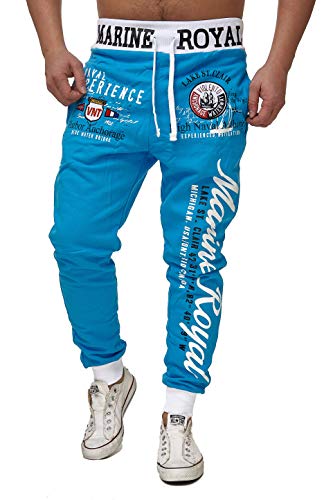 L.gonline Jogginghose Herren lang | Trainingshose Baumwolle | Sporthose mit Bündchen | Enger Beinabschluss | Marine 5258 (M, Türkis) von L.gonline