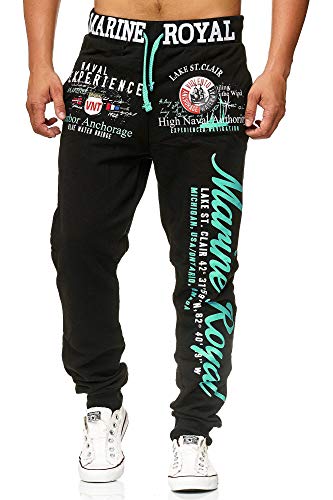 L.gonline Jogginghose Herren lang | Trainingshose Baumwolle | Sporthose mit Bündchen | Enger Beinabschluss | Marine 5258 (S, Schwarz/Mint) von L.gonline