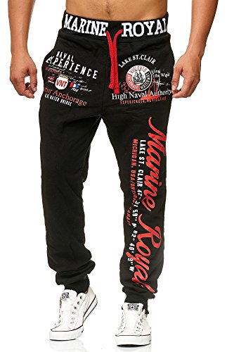 L.gonline Jogginghose Herren lang | Trainingshose Baumwolle | Sporthose mit Bündchen | Enger Beinabschluss | Marine 5258 (XL, Schwarz/Rot) von L.gonline