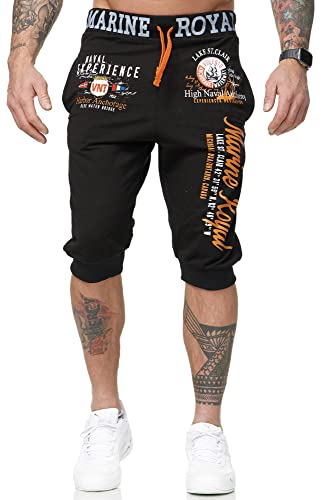 L.gonline Shorts Bermuda | Trainingshose kurz | Baumwolle | Sporthose mit Bündchen | Enger Beinabschluss | Marine 3646 (Schwarz Orange, XXL-Slim) von L.gonline