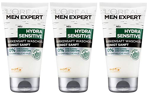 L'Oréal Men Expert Hydra Sensitive Waschgel, mit Birkensaft reinigt sensible und empfindliche Männerhaut spendet Feuchtigkeit ohne Alkohol (3x 150ml) von L'Oréal Men Expert
