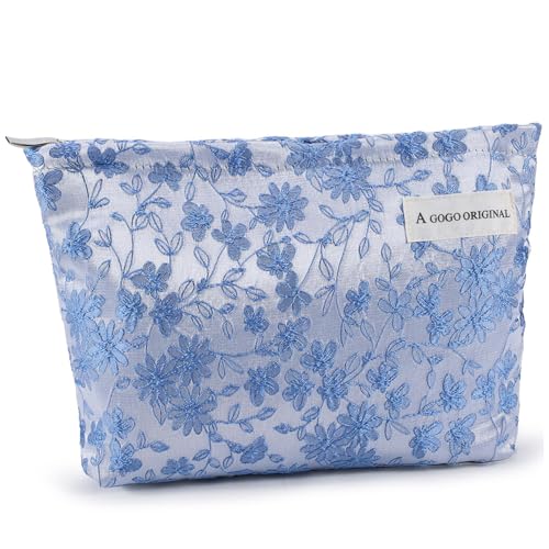 Kosmetiktasche, Blumen-Make-up-Tasche für Damen, für Reisen, große Kapazität, Kulturbeutel, Organizer mit Reißverschluss, Make-up-Tasche (blau) von L0famy