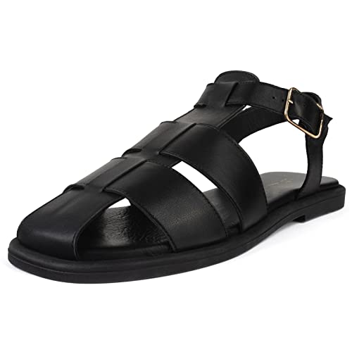 L37 HANDMADE SHOES Damen Ledersandalen I Casual Naturleder I Lederfutter I Einzigartiger Stil I Bequem und Elegant I Get Back Flat Sandal, Black, 41 EU von L37 HANDMADE SHOES