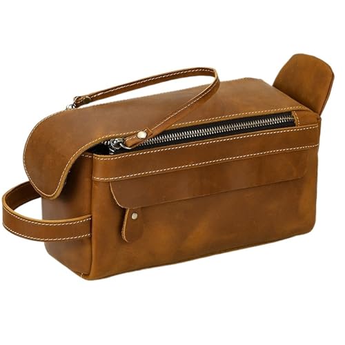 Rindsleder Kulturbeutel Herren Leder Kosmetiktasche Mann Frau Waschtasche Aufbewahrungstaschen Lederhandtasche for Make-up Kulturtasche Herren(Light Brown) von L6NqIAG