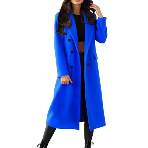 Damen Elegant Wollmantel Zweireiher Trenchcoat Lange Revers Wintermantel Einfarbig Umlegekragen Overcoat Leicht Lange Winddichter Mantel von L9WEI