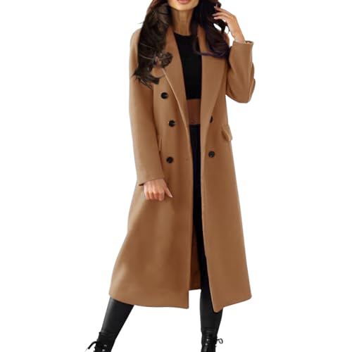 Damen Elegant Wollmantel Zweireiher Trenchcoat Lange Revers Wintermantel Einfarbig Umlegekragen Overcoat Leicht Lange Winddichter Mantel von L9WEI