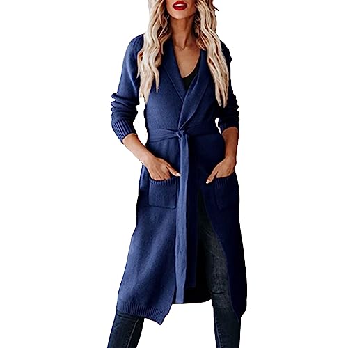Damen Lange Strickjacke mit Gürtel V-Ausschnitt Langen Ärmel Lässig Bequem Cardigan Elegant Open Front Bequem Strick Mantel von L9WEI