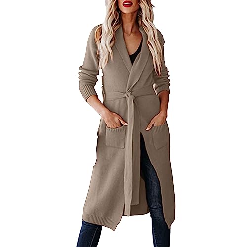 Damen Lange Strickjacke mit Gürtel V-Ausschnitt Langen Ärmel Lässig Bequem Cardigan Elegant Open Front Bequem Strick Mantel von L9WEI