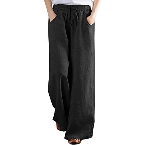 Damen Leinen Hosen Hohe Taille Breites Bein Lange Elastischer Bund Hose Palazzo Einfarbig Lange Pants Elegant mit Taschen Leichte Bequem Palazzohose mit Kordelzug von L9WEI