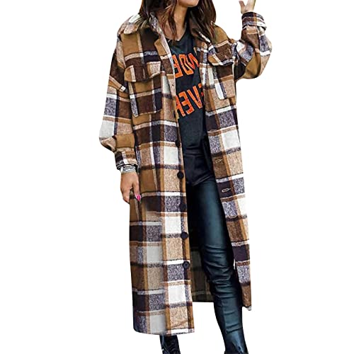 Damen Plaid Wintermantel Langarm Wollmantel mit Stehkragen Elegante Mäntel Frauen Lange Wintermantel von L9WEI