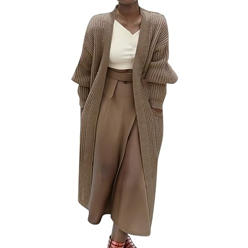 Damen Warme Lange Strickjacke mit Tasche Langarm Leichter Cardigan Elegante Comfy Herbst Winter Strickmantel von L9WEI