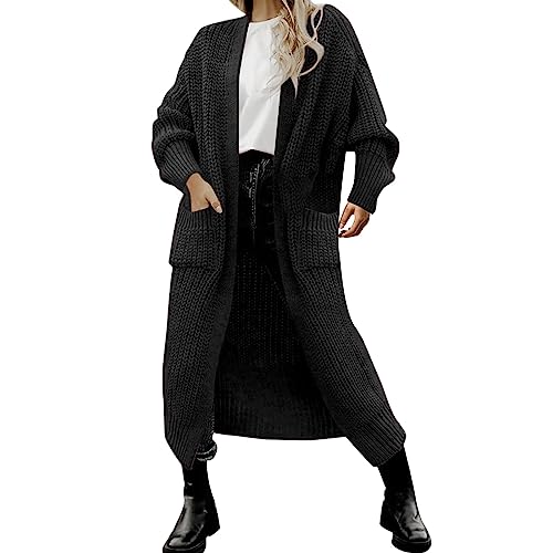 Damen Warme Lange Strickjacke mit Tasche Langarm Leichter Cardigan Elegante Comfy Herbst Winter Strickmantel von L9WEI