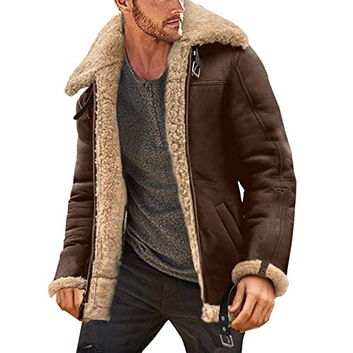Herren Dicker Bomberjacke Lammfell Schaffell Fell Lederjacke Männer Winter Leder Winterjacke Mode Revers Herrenjacke von L9WEI