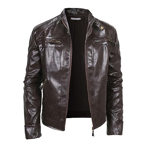 Herren-Jacken, Herren Jacke Langarm Übergangsjacke Vintage Leder Bikerjacke Stehkragen Zipper Lederjacke Kunstleder Motorradjacke von L9WEI