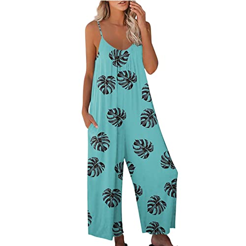 Jumpsuit Damen, Boho Bedruckt Jumpsuit Damen Baggy Bequem Strandhose Lässige Locker V-Ausschnitt Overalls Ärmellose Strampler mit Taschen von L9WEI