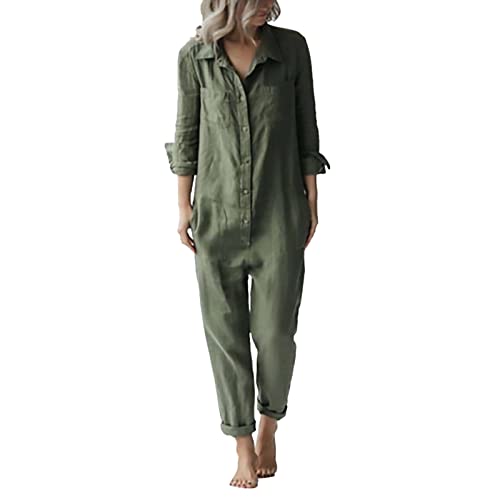 Jumpsuit Damen, Revers Leinen Jumpsuit Damen Sommer Lang Oversize Einfarbig Einteiler mit Taschen Langarm Weites Bein Jumper von L9WEI