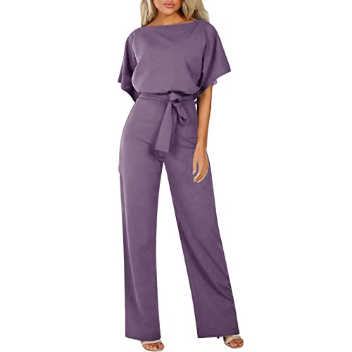 Jumpsuit Damen Sommer, Elegant Kurzarm Jumpsuit DamenEinfarbig Overalls mit Gürtel Lässige Locker Strampler Sommer Bequem Weites Bein Einteilig von L9WEI