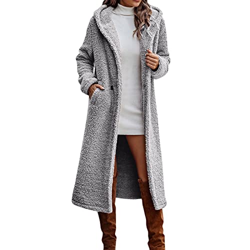 Kurzmantel Damen, Damen Mantel Faux Wolle Für Langarm Jacke mit Kapuze Lange Outwear Elegant Einfarbig Offene Cardigan Frauen Mode Teddy-Fleece Coat Warm Fellmantel von L9WEI