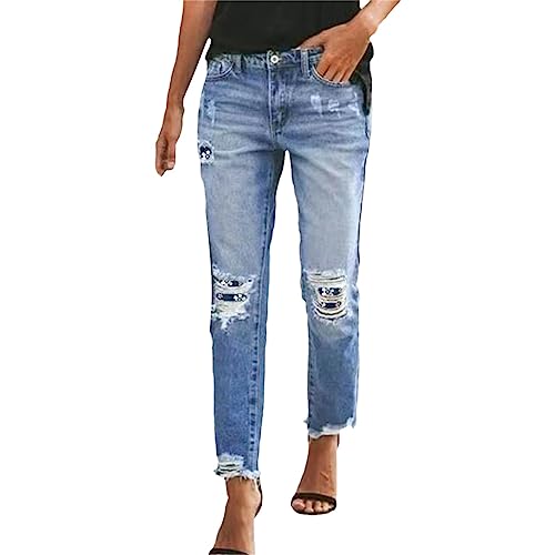 L9 Damen Stretch Jeans Slim Zerrissene Hose mit Sichtbarer Knopfleiste Elegant Hohe Taille Skinny Hosen Streetwear Mode Stretchy Jeanshosen (Y-111-Navy, L) von L9WEI