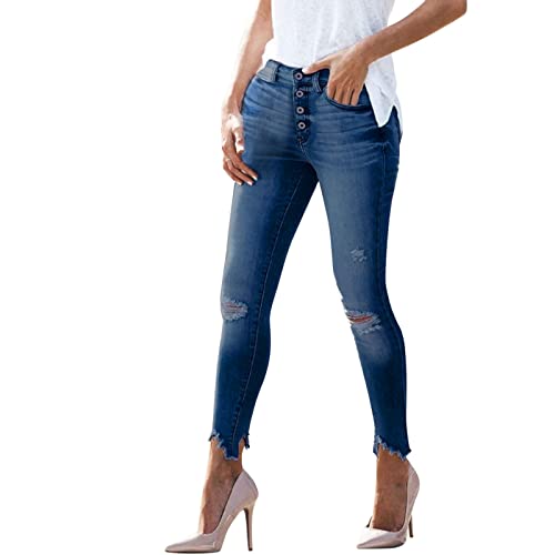 L9 Damen Stretch Jeans Slim Zerrissene Hose mit Sichtbarer Knopfleiste Elegant Hohe Taille Skinny Hosen Streetwear Mode Stretchy Jeanshosen (Y-112-Dark Blue, L) von L9WEI