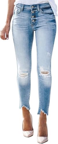 L9 Damen Stretch Jeans Slim Zerrissene Hose mit Sichtbarer Knopfleiste Elegant Hohe Taille Skinny Hosen Streetwear Mode Stretchy Jeanshosen (Y-112-Light Blue, L) von JosuE