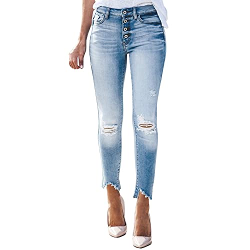 L9 Damen Stretch Jeans Slim Zerrissene Hose mit Sichtbarer Knopfleiste Elegant Hohe Taille Skinny Hosen Streetwear Mode Stretchy Jeanshosen (Y-112-Light Blue, M) von L9WEI