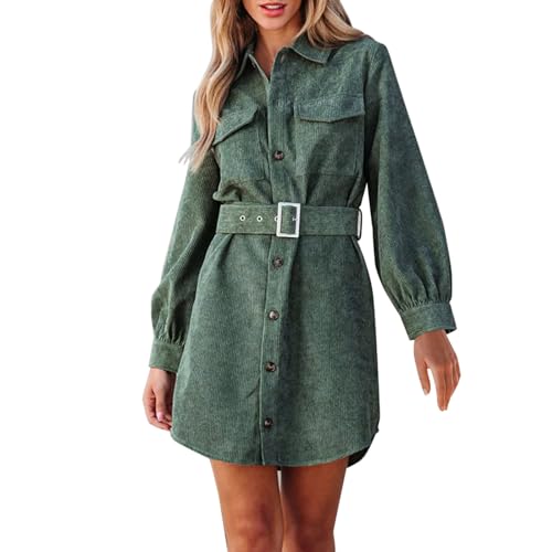 L9 Kord Herbst Mantel mit Gürtel Damen Lässige Mittellang Jacken Herbst Langarm Warm Offene Front Damenbekleidung (z-aA-Green, S) von L9WEI