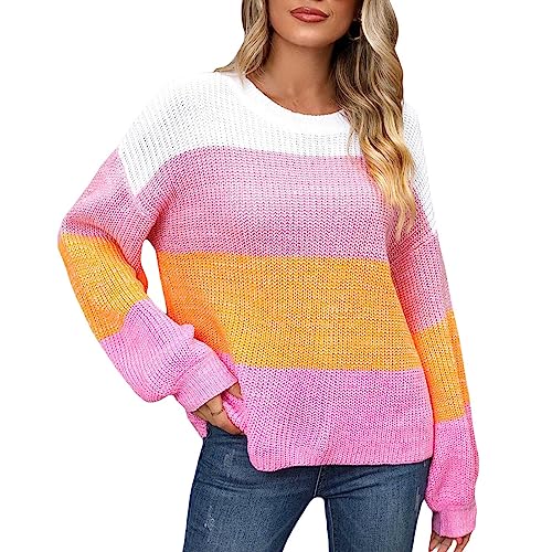 L9WEI Damen Oversize Patchwork Strickpullover Rundhals Langarm Strickpulli Teenager Mädchen Pullover Herbst Winter Mode Pullover von L9WEI