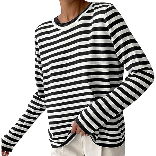 L9WEI Damen Pullover, Pullover Streifen Damen Rundhals Lässige Strickpullover Langarm Sweater Oversized Oberteile von L9WEI