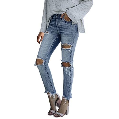 L9WEI Damen Stretch Jeans Slim Zerrissene Hose mit Sichtbarer Knopfleiste Elegant Hohe Taille Skinny Hosen Streetwear Mode Stretchy Jeanshosen (W03-A, L) von L9WEI