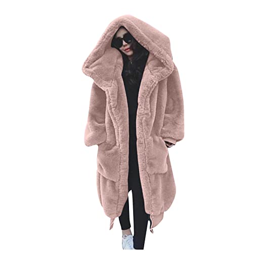 L9WEI Kunstpelz Mantel Lang Damen Oversized Kunstfell Mantel mit Kapuze Elegant Faux Pelz Mäntel Pelzmantel Einfarbig Felljacke Warme Plüschmantel Lose Winter Kunstfell Mantel von L9WEI