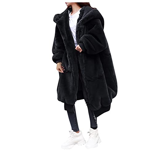 L9WEI Kunstpelz Mantel Lang Damen Oversized Kunstfell Mantel mit Kapuze Elegant Faux Pelz Mäntel Pelzmantel Einfarbig Felljacke Warme Plüschmantel Lose Winter Kunstfell Mantel von L9WEI