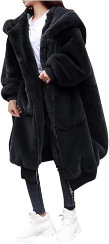 L9WEI Kunstpelz Mantel Lang Damen Oversized Kunstfell Mantel mit Kapuze Elegant Faux Pelz Mäntel Pelzmantel Einfarbig Felljacke Warme Plüschmantel Lose Winter Kunstfell Mantel von Lapirek