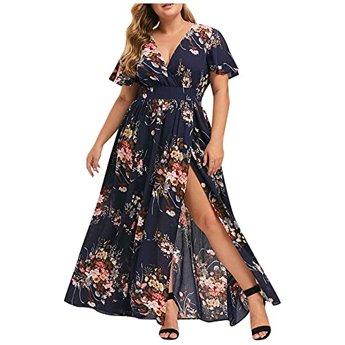 L9WEI Oversize Blumen Kleider Frauen V-Ausschnitt Kleid Sommerkleid Lose Chiffon-Kleid Casual Rock Damenkleid Großes Kleid Strandkleid von L9WEI