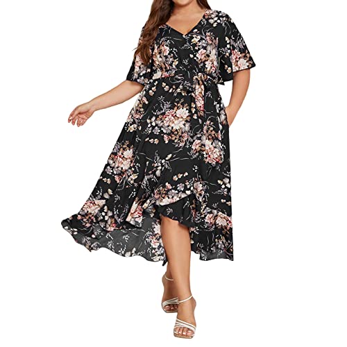 L9WEI Oversize Blumen Kleider Frauen V-Ausschnitt Kleid Sommerkleid Lose Chiffon-Kleid Casual Rock Damenkleid Großes Kleid Strandkleid von L9WEI