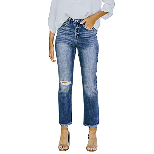 L9WEI Schwarze Hosen Teenager Mädchen Damen Dehnbare hoch taillierte Boyfriend-Jeans mit geradem Bein und ausgefransten -Denim-Hosen Damenhose Stretch Hoher von L9WEI