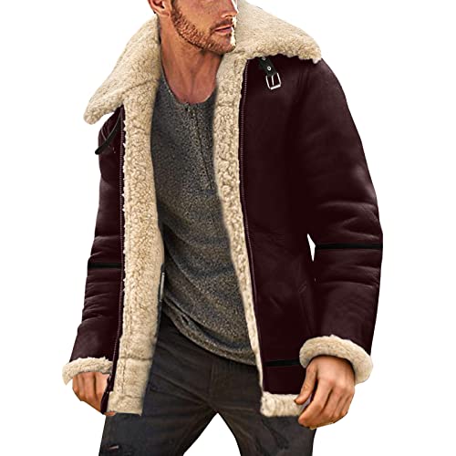 L9WEI Wildlederjacke Herren Winter Winterjacke mit Fell Stehkragen Lederjacke Bomberjacke Männer Winter Mantel Verdicken Übergangsjacke von L9WEI