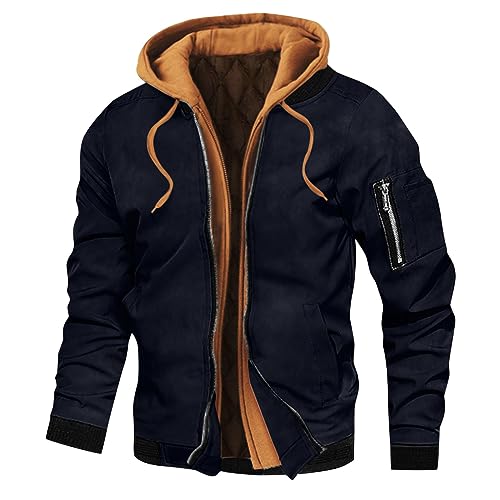 L9WEI Winterjacke mit Kapuze Herren Patchwork Übergangsjacke Langarm Wärme Kapuzenjacke Zipper Wintermantel Outdoor Jacken von L9WEI