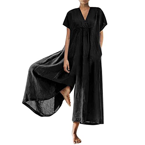 Sommer Leinen Freizeitanzug Damen V-Ausschnitt Leichtes Jumpsuit Baggy Oversize Beiläufig Overalls Weites Bein Strampler Lässiger Baggy Romper von L9WEI