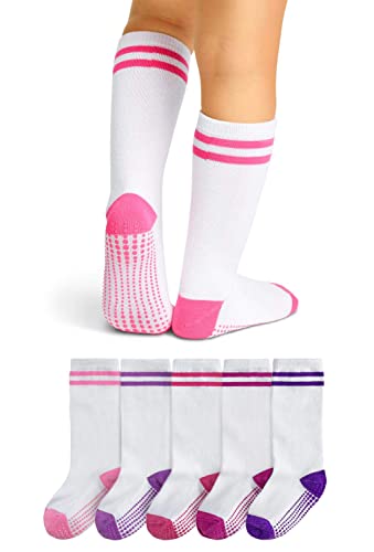 LA Active Baby Kleinkind Grip Kniesocken - 5 Paar - rutschfest (Sport Streifen Mädchen Weiß, 6-12 Monate) von LA Active