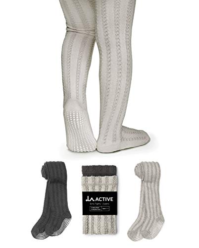 LA Active Strumpfhose Mädchen (2 Paar) - Baumwoll Strumpfhose 2-3T - Krabbelstrumpfhose mit Anti Rutsch Stoppersocken - Süßes Strick Zopfmuster - Noire Schwarz und Heather Grau von LA Active