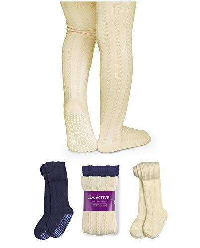 LA Active Strumpfhose Mädchen (2 Paar) - Baumwoll Strumpfhose 6-12 Monate - Krabbelstrumpfhose mit Anti Rutsch Stoppersocken - Süßes Strick Zopfmuster - BlueGoldene Creme und Marineblau von LA Active