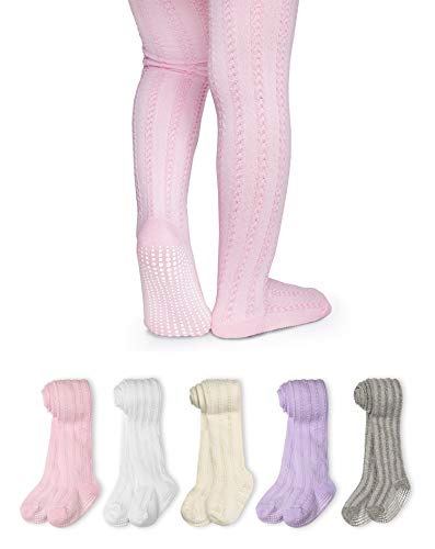 LA Active Strumpfhose Mädchen (5 Paar) - Baumwoll Strumpfhose 2-3T - Krabbelstrumpfhose mit Anti Rutsch Stoppersocken - Süßes Strick Zopfmuster - Rosa/Weiß/Elfenbein/Lavendel/Grau von LA Active