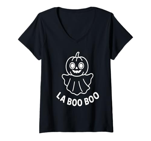 Damen LA Boo Ghost Desing - Gruseliger süßer Kürbiskopf Halloween T-Shirt mit V-Ausschnitt von LA Boo Haloween