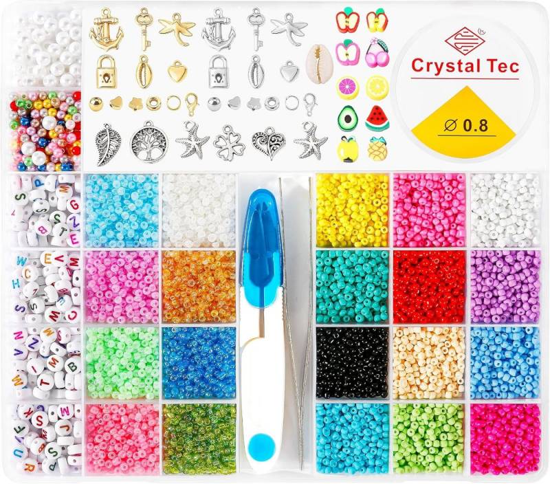LA CUTE Perlenarmband Set DIY Schmuck Bastelset 12000 Bunte Perlen 3mm Glasperlen (DIY Schmuckbastelset mit 12000 Glasperlen für Kinder & Erwachsene, 1200-tlg., 12000 Perlen-Set zum Basteln von Armbändern und DIY Schmuck), 12000 bunte Glasperlen 3mm, 24 Farben, DIY Armband Schmuckset von LA CUTE