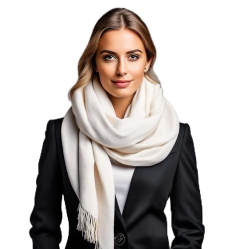 LA FERANI Damen Kaschmir Schal Halstuch Frühling Winter 185x65 Kaschmirschal Weiß Pashmina stilvoll elegant Wollschal Wolle Uni Farbe Damenschal von LA FERANI