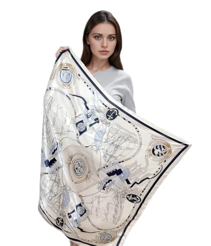 LA FERANI Damen Seidentuch weiß Kreuzfahrt klassisch Halstuch Seide Schal formelle Anlässe Tuch Umschlagtuch leicht 90x90cm Bandana Seidenschal Geschenk für Sie Frau von LA FERANI