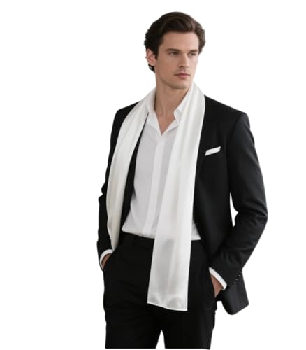 LA FERANI Herren Schal 100% Seide Chiffon Halstuch Seidenschal 180x80cm Uni Farbe für Anzug weiss formelle Anlässe Business Style Geschenk für Ihn (Model Weiß) von LA FERANI